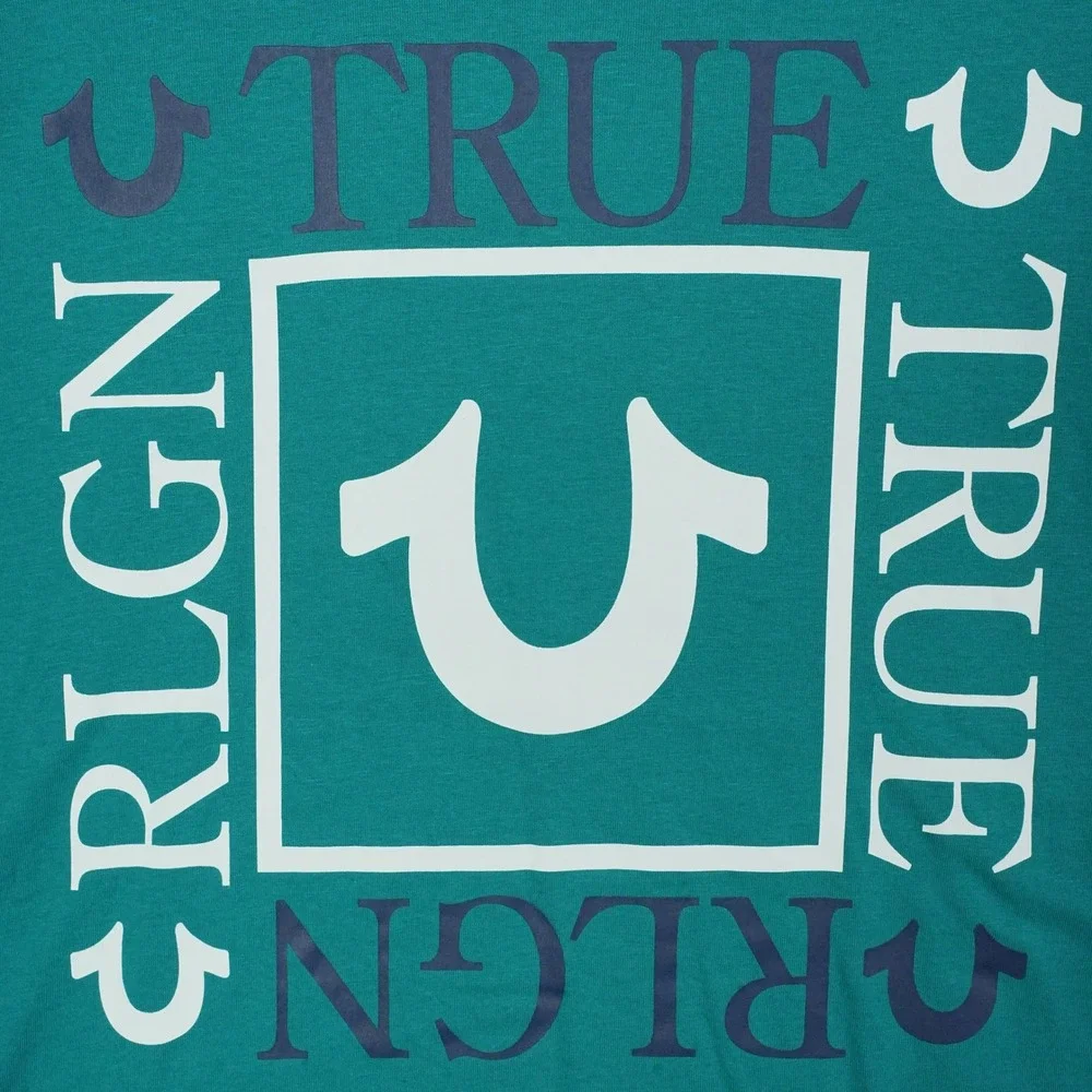 True Religion Men's Teal Blue Box Logo‎ Graphic T Shirt Size Large NWT